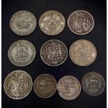 Ten Pre 1947 Silver Coins. Includes an 1816 Georgian Shilling.