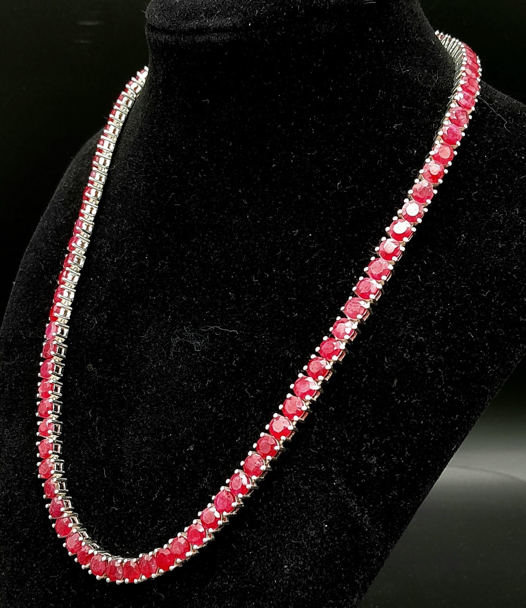 A Ruby Gemstone Tennis Necklace on 925 Silver. Approximately 45cm in length, 43g total weight. - Image 4 of 5