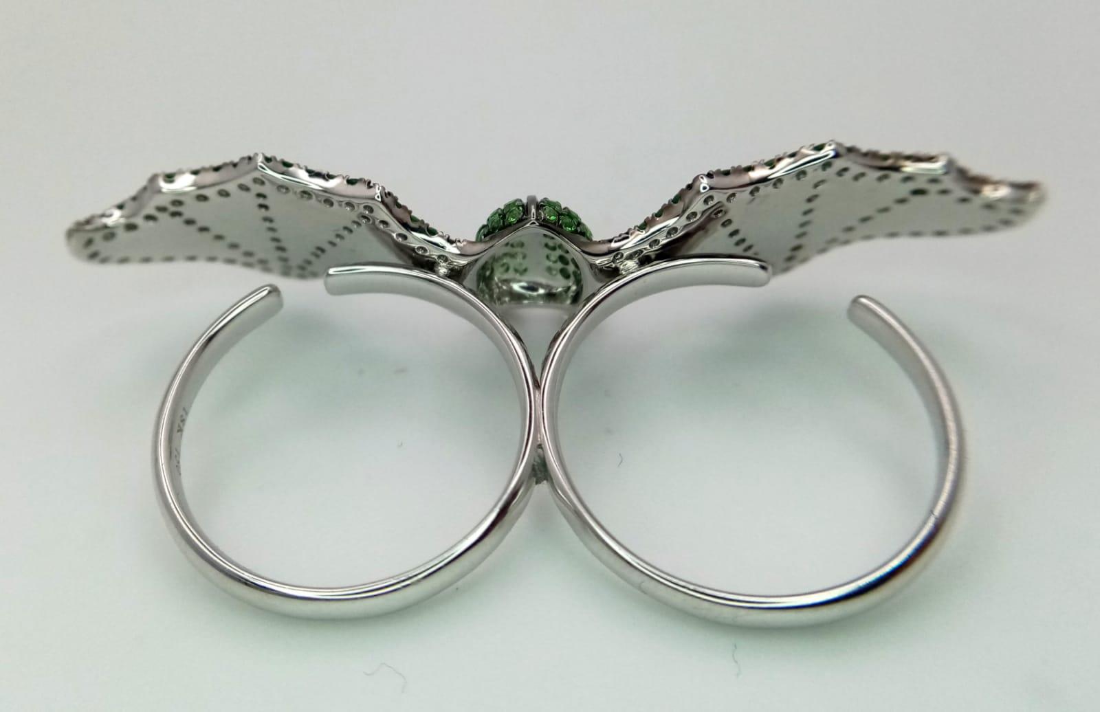 An 18K White Gold Bat Ring! An Emerald and Ruby bat flies over two gold expandable rings. Size P - - Image 5 of 6