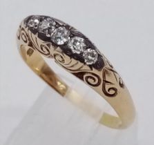 18k yellow gold 5 stone diamond vintage style ring with engraved setting. Weight: 5g Size P (dia:
