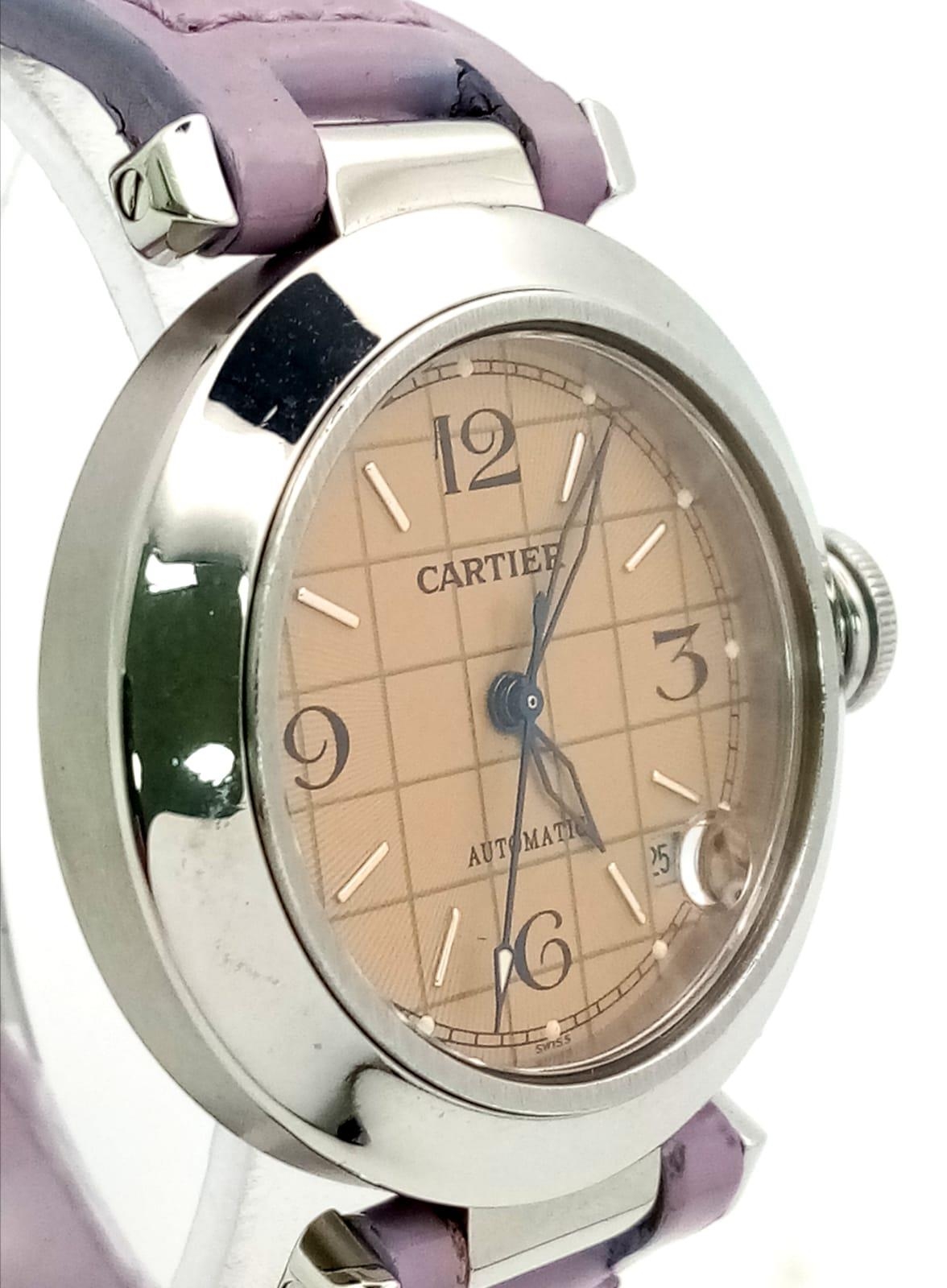 A Pasha de Cartier Automatic Ladies Watch. Lavender leather strap. Stainless steel case - 36mm. - Image 3 of 8