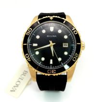 A Classic Bulova Gents Watch. Black rubber strap. Gilded case - 44mm. Black dial with date window.