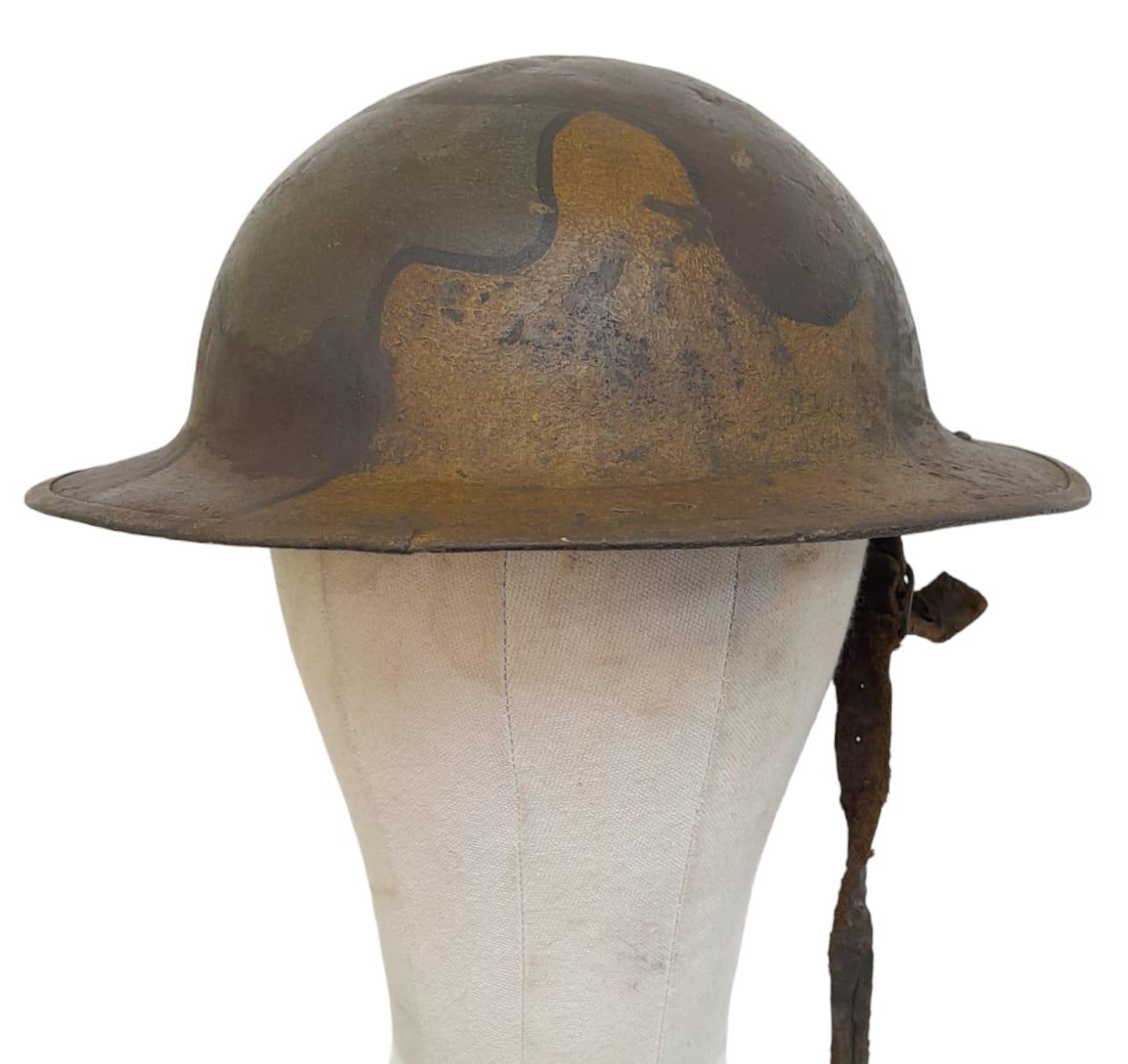 WW1 US Camouflage Brodie Helmet with field adapted French Adriane liner. Very nice straight period - Image 2 of 5