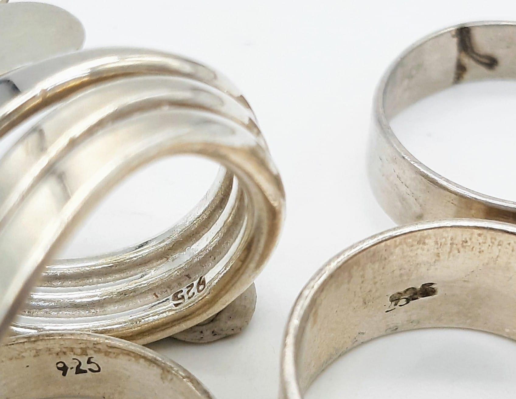 A Selection of Seven Different Styled 925 Silver Rings, Different Sizes. Please see photos for finer - Image 3 of 4