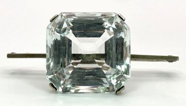 A Large Vintage, Diamond Cut Fancy Square Clear-Stone, Silver Brooch. Size: 5.5cm Wide. Stone