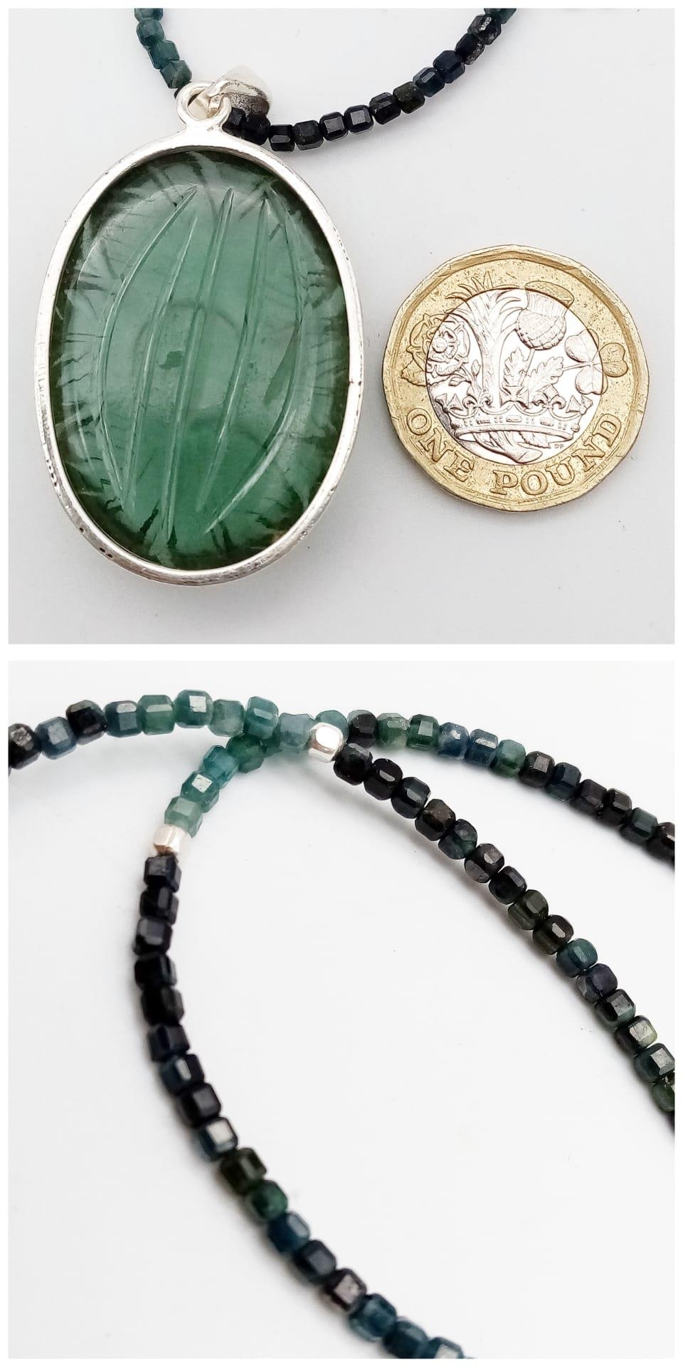 A Large Hand-Carved Fluorite Gemstone 925 Silver Pendant on a Ruby Zoisite (detachable) Necklace. - Image 3 of 6