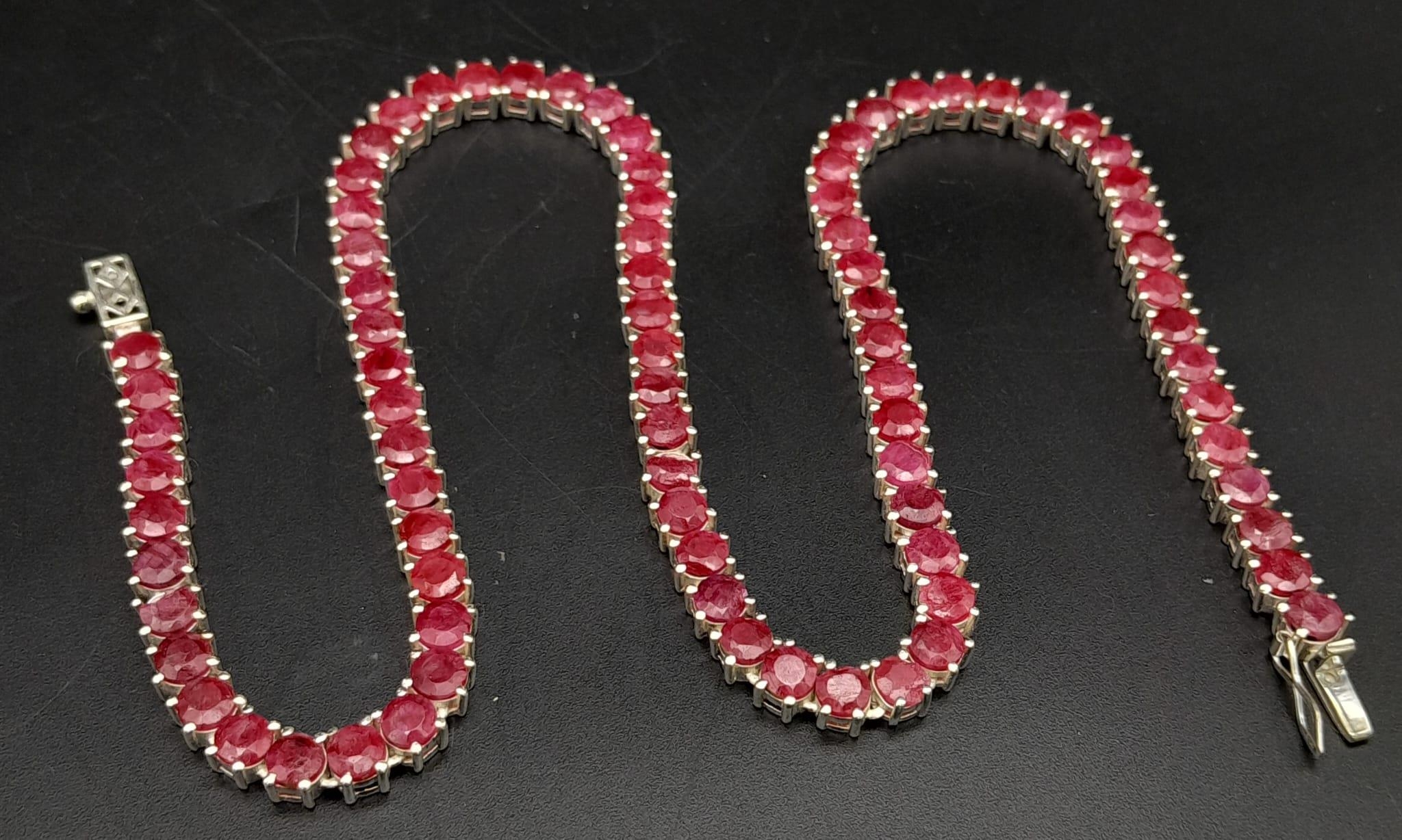 A Ruby Gemstone Tennis Necklace on 925 Silver. Approximately 45cm in length, 43g total weight. - Image 2 of 5