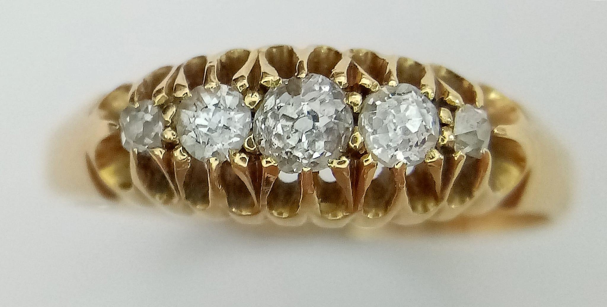 A VINTAGE 18K YELLOW GOLD, 5 STONE OLD CUT DIAMOND RING. Size R, 0.40ctw, 3.3g total weight. - Image 3 of 5