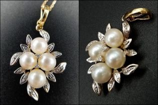 An 18K Gold, Pearl and Diamond Pendant on an 18K Yellow Gold Disappearing Necklace. Four small