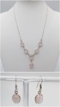 Paring of Sterling Silver Pink Gemstone Necklace and Earrings. Necklace Length: 40cm Earring Length: