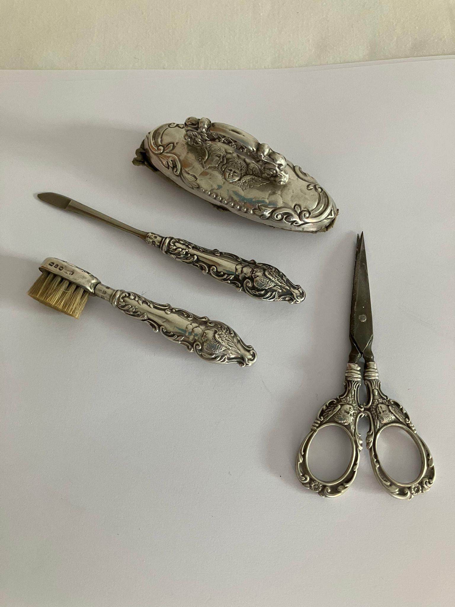 Ladies antique SILVER HANDLED MANICURE/GROOMING set, together with a pair of SILVER handled