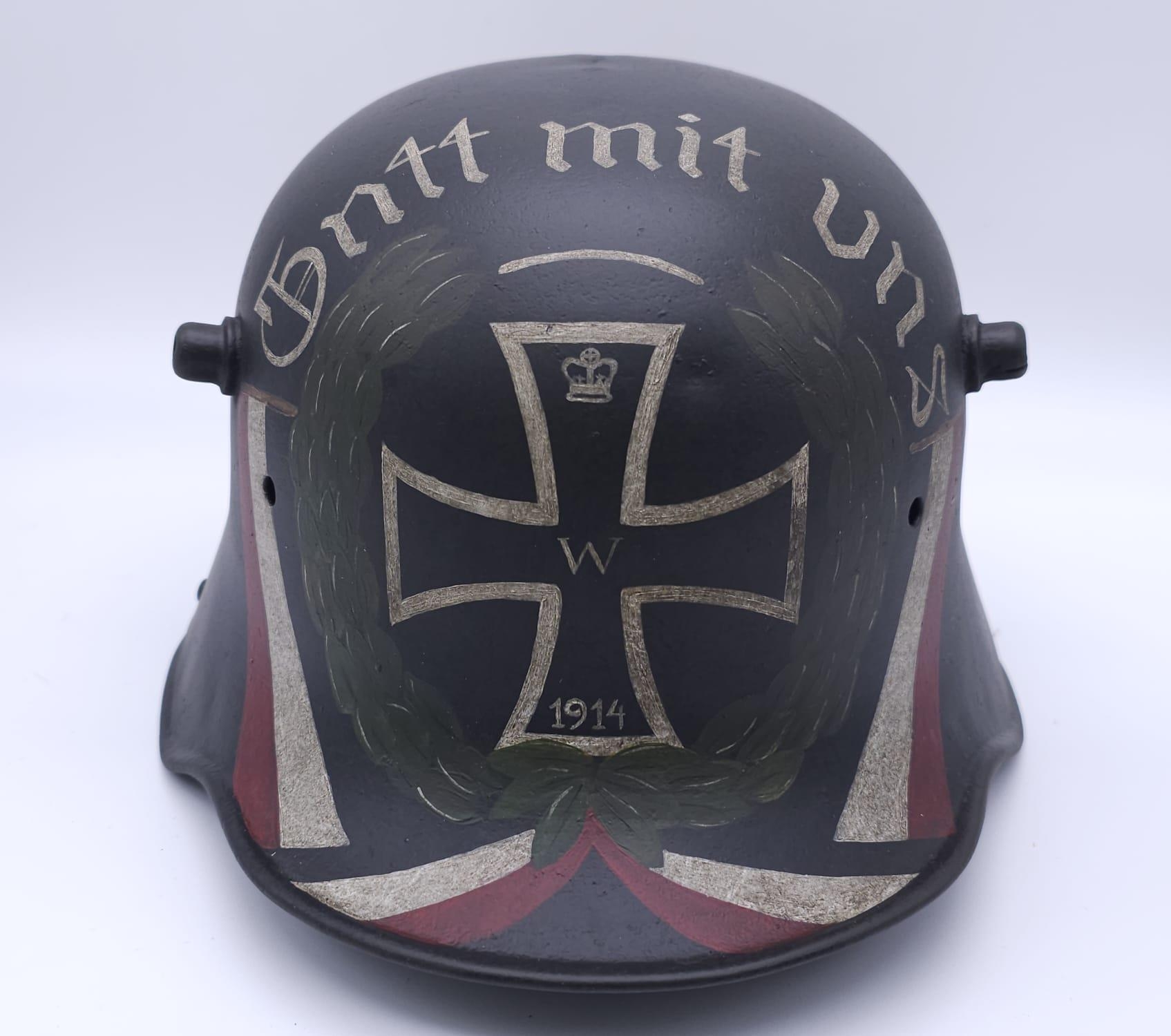 WW1 German Memorial Helmet. Original WW1 German Stahlhelm helmet with post ..War memorial painting. - Image 3 of 7