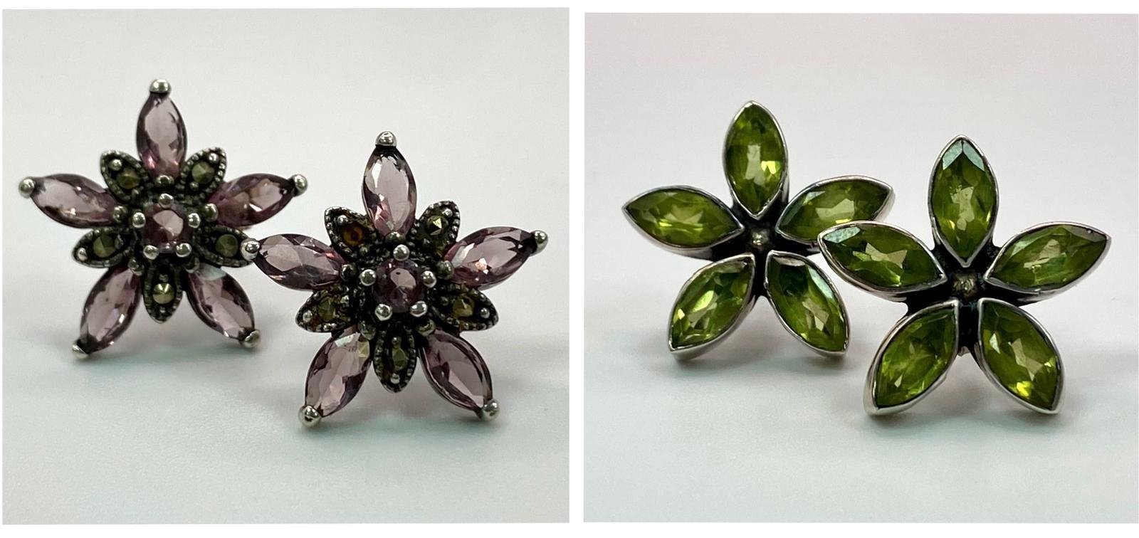 Pairing of Sterling Silver 'Star' Gemmed Stud Earrings. Pretty set with green gemstones (2cm Wide)