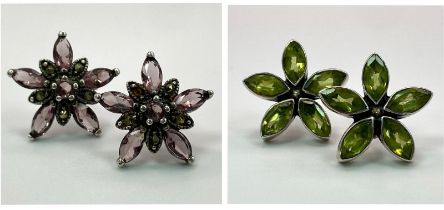 Pairing of Sterling Silver 'Star' Gemmed Stud Earrings. Pretty set with green gemstones (2cm Wide)