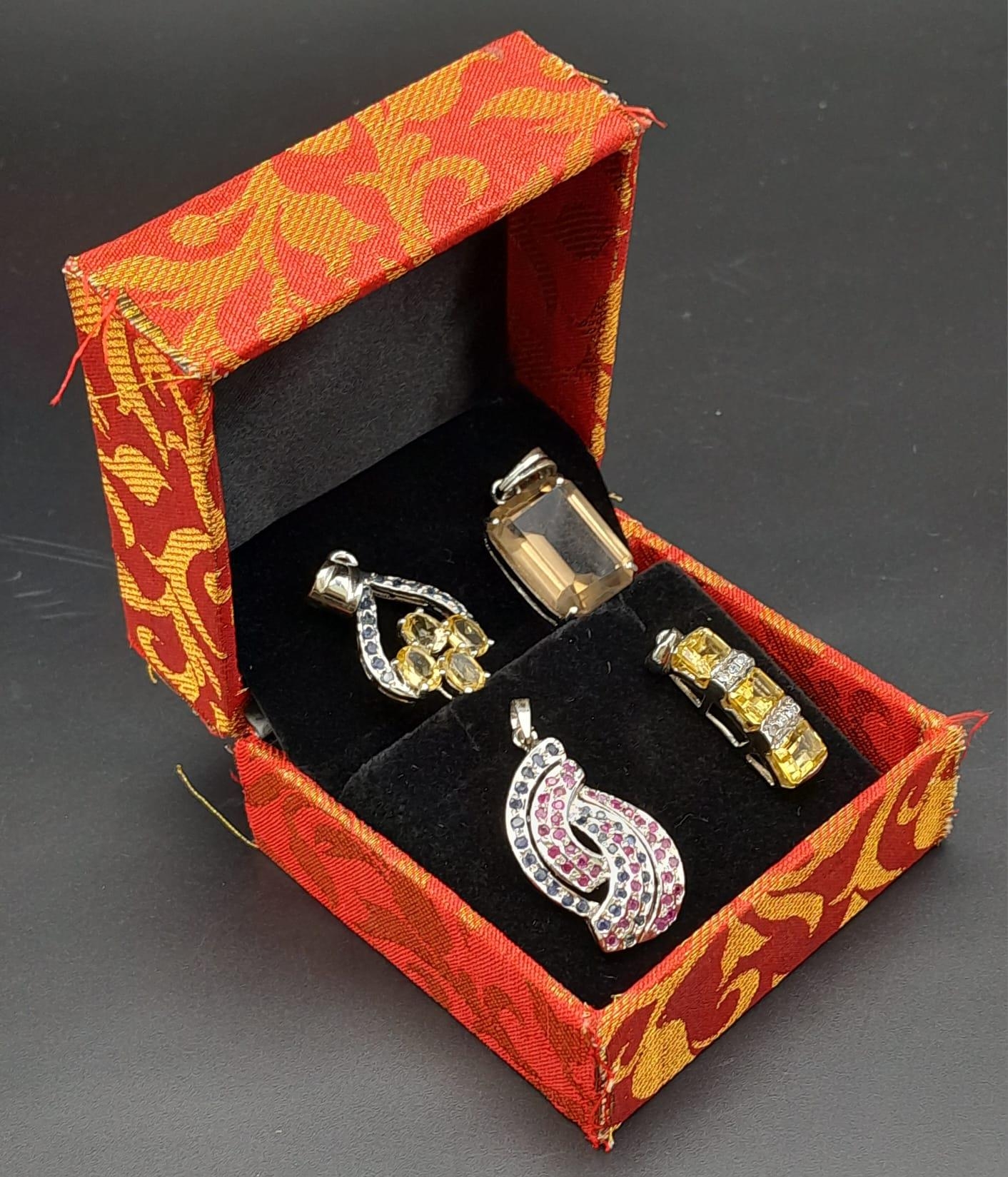 Four gemstone 925 Silver Pendants. Amethyst, Citrine Rectangular, Heart-shaped Citrine & Mixed - Image 4 of 6