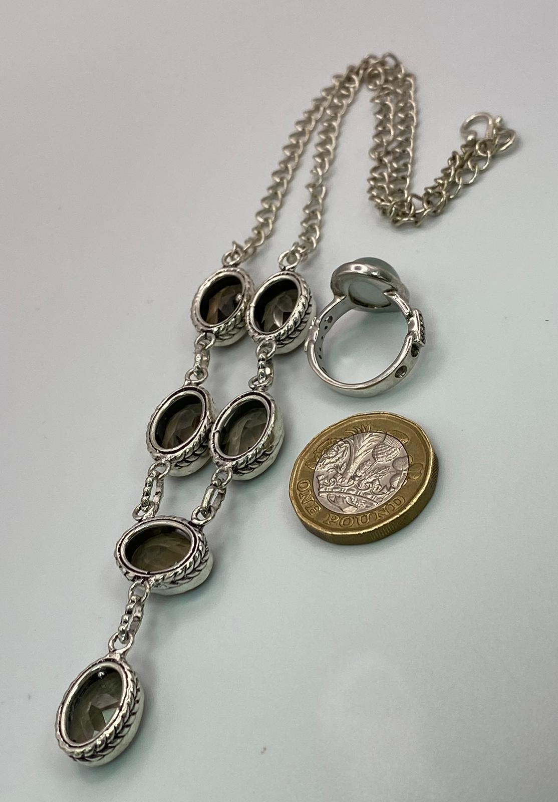 Pairing of Sterling Silver Necklace and Ring. Necklace features six smoky brown gemstones whilst the - Image 7 of 7