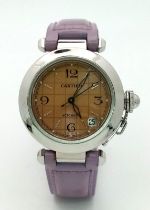 A Pasha de Cartier Automatic Ladies Watch. Lavender leather strap. Stainless steel case - 36mm.
