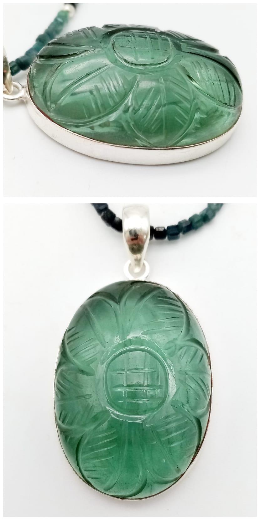 A Large Hand-Carved Fluorite Gemstone 925 Silver Pendant on a Ruby Zoisite (detachable) Necklace. - Image 2 of 6