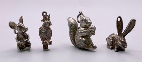 Four various Sterling Silver animal themed charm/pendants. Including rabbit, mouse/rat, squirrel and