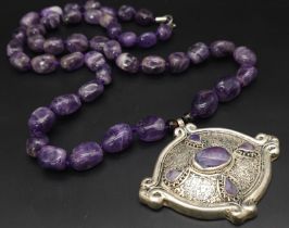 A Vintage Amethyst Necklace with Hanging Decorative Large Amethyst Pendant - 7 x 8cm. Necklace