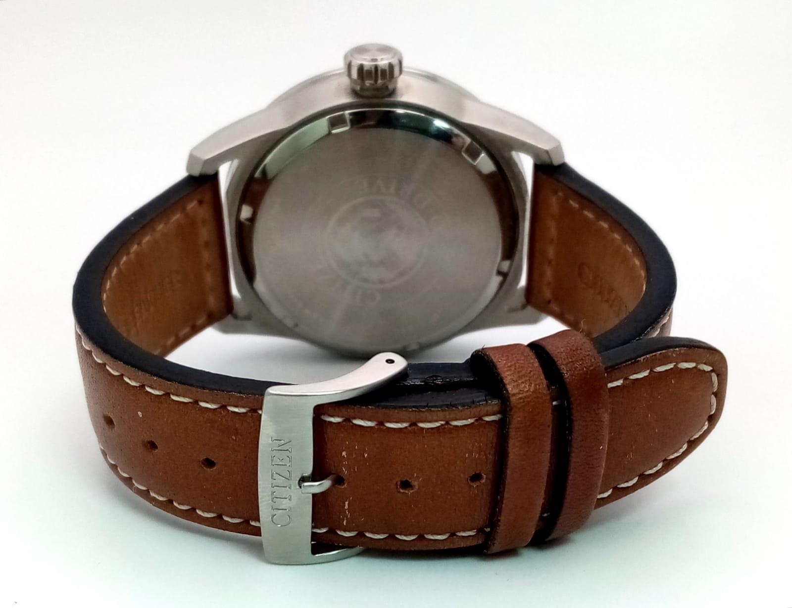 A Citizen Eco-Drive Gents Watch. Brown leather strap. Stainless steel case - 44mm. Black dial with - Image 5 of 7