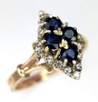 A 9K YELLOW GOLD DIAMOND & SAPPHIRE RING. Size O, 3.1g total weight.