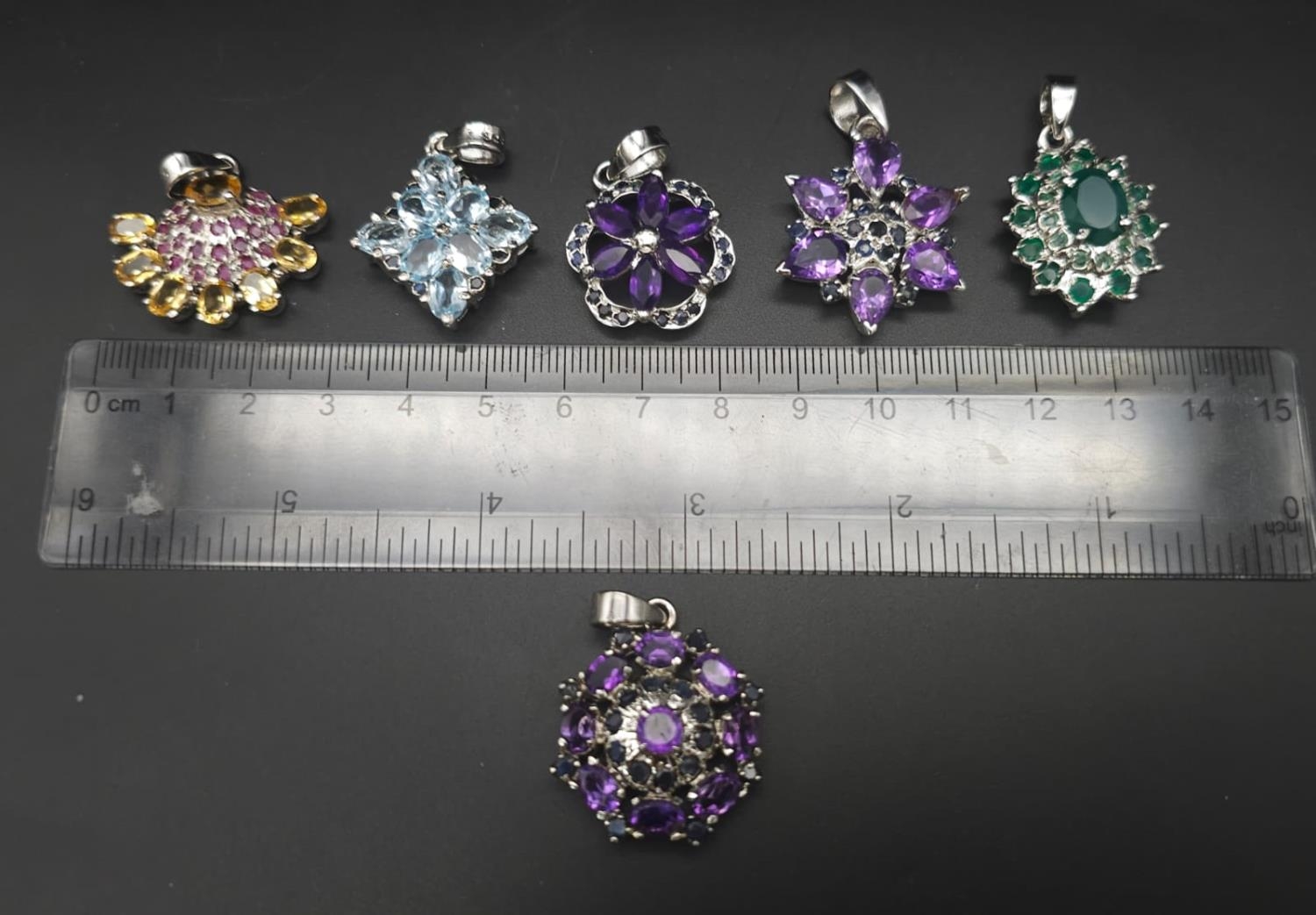 Six Gemstone 925 Silver Pendants. Emerald, Amethyst x 3 citrine and topaz. 20/24mm. - Image 10 of 10