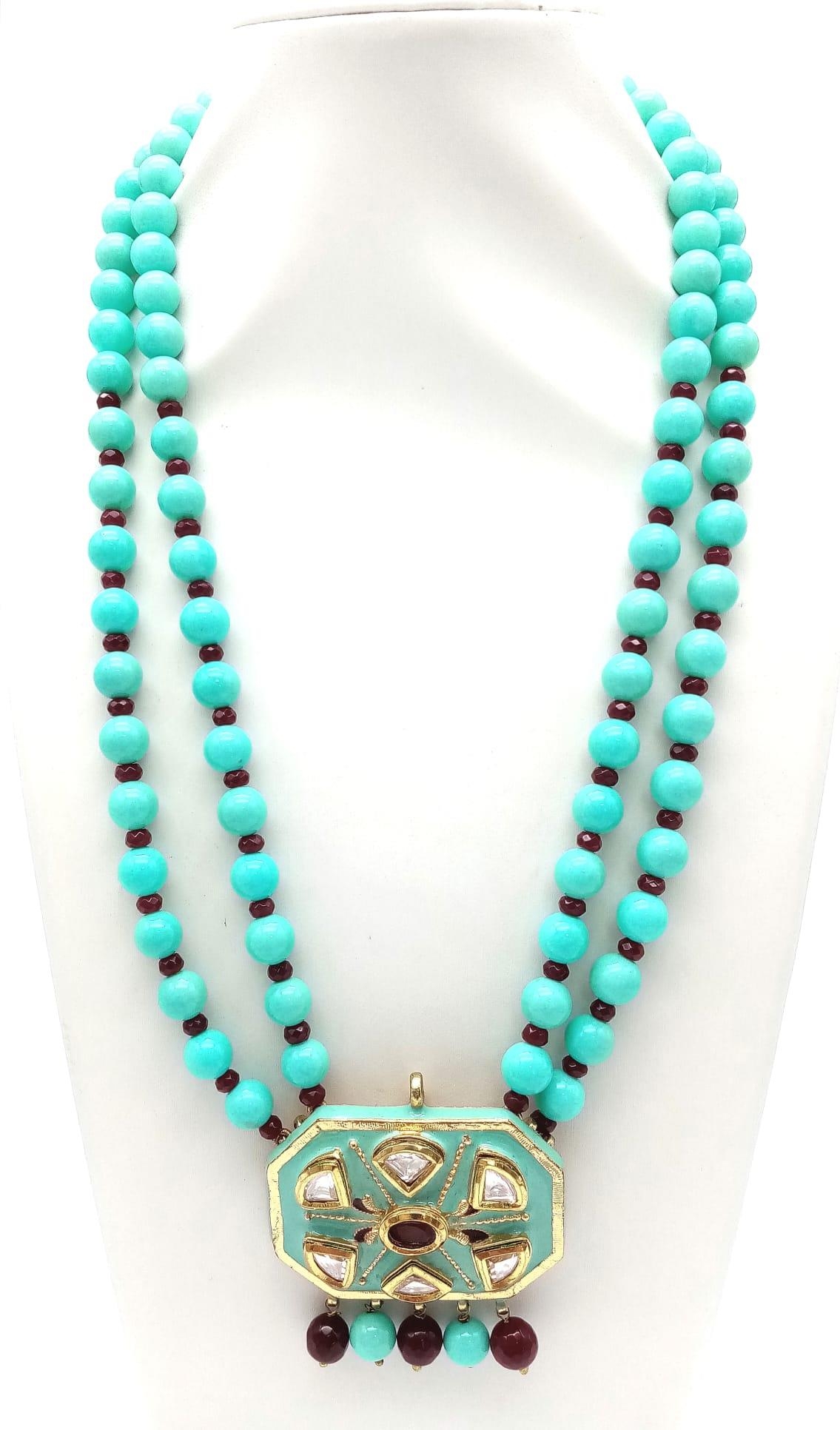 Stunning Turquoise & Garnet 2 row necklace, gold gilded silver with vintage push-pin clasp. 28cms in - Image 6 of 6