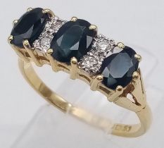 18k yellow gold diamond and sapphire vintage ring. Weight: 3.4g Size N (dia:0.08ct/sapp: 1.80ct)