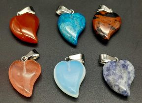Six Heart-Shaped Gemstone Pendants. 2.5cm