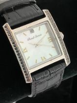 BOND STREET Quartz Wristwatch having square mother of pearl face with Diamond detail. Black
