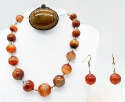 A Vintage Banded Agate Suite Comprising of: Graduated bead necklace - 40cm, Earrings and an oval