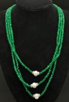 A Three Row Small Emerald Bead and Cultured Pearl Necklace. Beads 4/5mm. Necklace length - 42-48cm