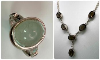 Pairing of Sterling Silver Necklace and Ring. Necklace features six smoky brown gemstones whilst the