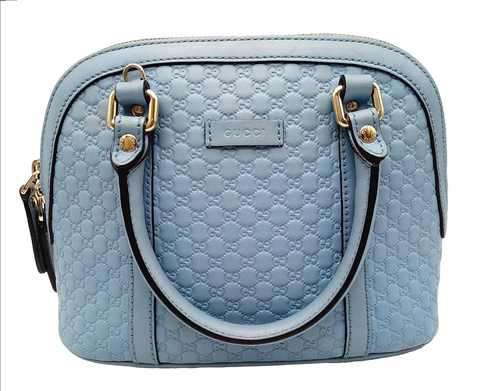 A Gucci Cornflower Blue Micro Guccisima Dome Bag. Monogram leather exterior with rolled leather - Image 3 of 11