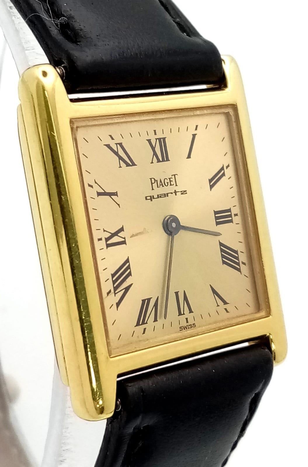 A Vintage 18k Gold Piaget Quartz Ladies Watch. Black leather strap with 18k gold buckle. 18k gold - Image 3 of 7