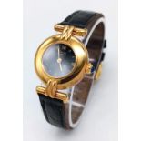 A Must de Cartier Vermeil Quartz Ladies Watch. Black leather strap. Gilded 925 silver case - 24mm.