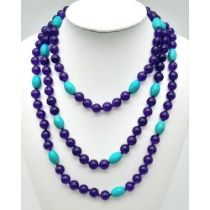 A Rope Length Purple Jade and Blue Turquoise Necklace. 8mm jade beads with 12mm turquoise cylinders.