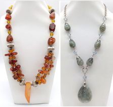 Pairing of multi stone/beaded fancy necklaces. One with multiple amber brown and beads (60cm Length)