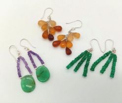 A Selection of Three Pair of Earrings: Emeralds, Amethyst and Garnet Drops. All set in 925 Silver.