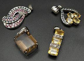Four gemstone 925 Silver Pendants. Amethyst, Citrine Rectangular, Heart-shaped Citrine & Mixed