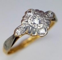 AN ANTIQUE 18K YELLOW GOLD & PLATINUM DIAMOND CLUSTER RING. Size J, 1.8g total weight.
