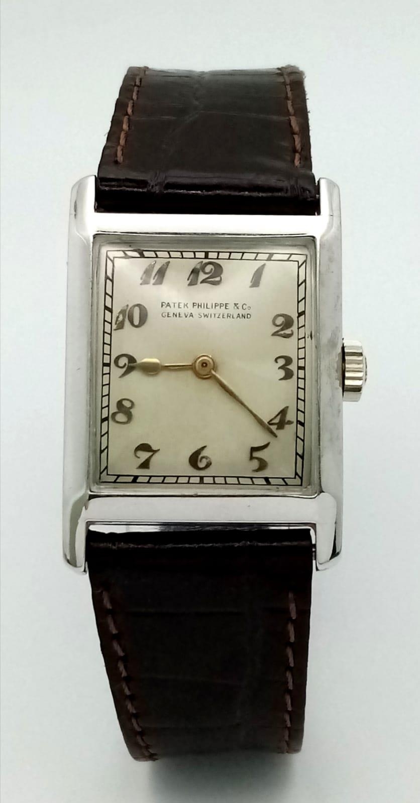 A RARE vintage Patek Philippe & Co watch with Breguet numbers. 27 x 23 mm white metal case. Cream - Image 2 of 7