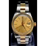 A Rolex Bi-Metal Oyster Perpetual Date Gents Watch. Gold and stainless steel strap and case -