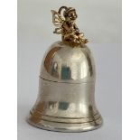Vintage SILVER PILL BOX in the form of a Bell with a gilded Imp sitting atop. Clear hallmark for