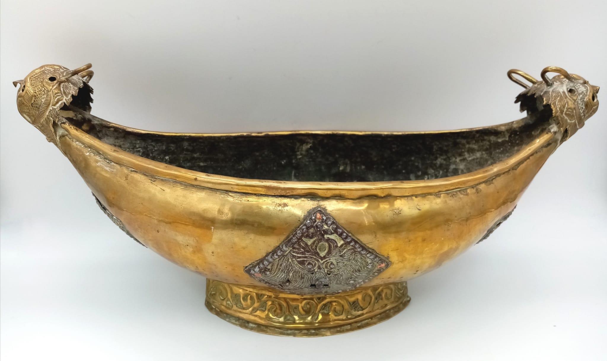 A Very Rare 19th Century Brass Viking Design Feast Bowl. Dragon End Details. 43cm Length.