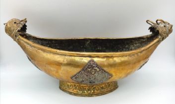 A Very Rare 19th Century Brass Viking Design Feast Bowl. Dragon End Details. 43cm Length.