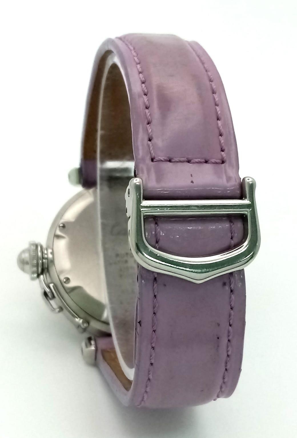 A Pasha de Cartier Automatic Ladies Watch. Lavender leather strap. Stainless steel case - 36mm. - Image 5 of 8