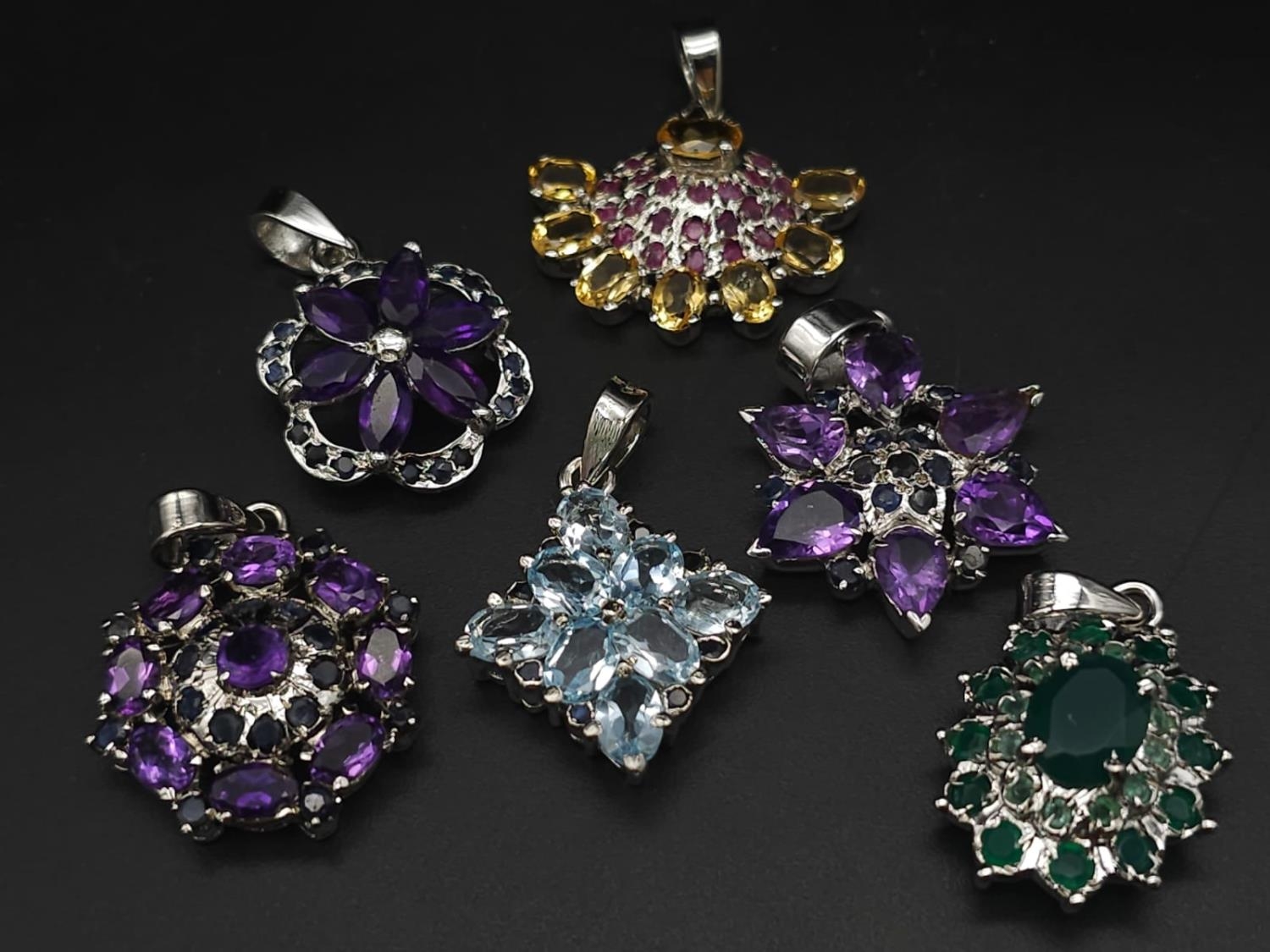 Six Gemstone 925 Silver Pendants. Emerald, Amethyst x 3 citrine and topaz. 20/24mm.