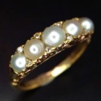 An Antique 18K Yellow Gold, Pearl and Diamond Ring. Five quality oriental pearls with diamond